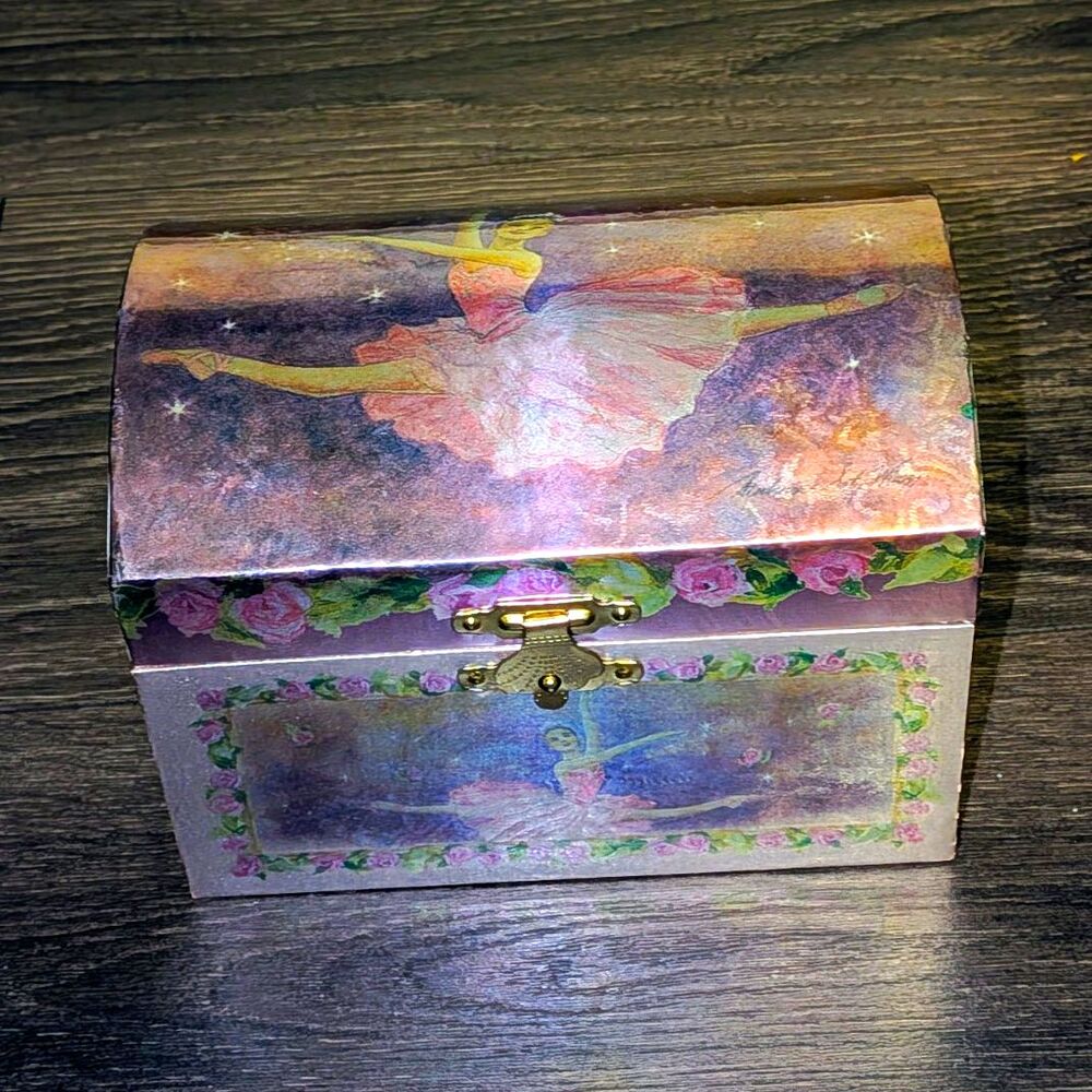 Ballerina Music Trinket Jewelry Box Hinged Lid Mirror Pink Interior Floral Trim